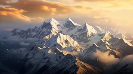 majestic snowy mountain peak towering above the clouds, its pristine white slopes contrasting against the deep blue sky Generative AI - obrazy, fototapety, plakaty