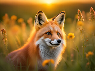 Fototapeta premium Portrait of a fox among flowers in a meadow at sunset.