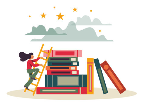 Sky is the limit. A girl, woman on a ladder, climbbing a stack of books. Vector illustration. Separated items on a white background. Empowerment and girl power. Accomplishment.