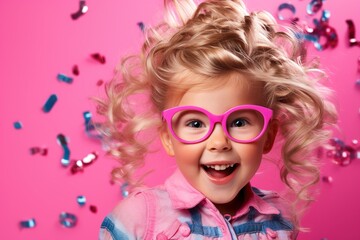Enchanting portrait of a curly-haired girl with tousled blond locks, donning multicolored strands and glasses, exuberantly captured in a joyful scream on the vibrant pink background.