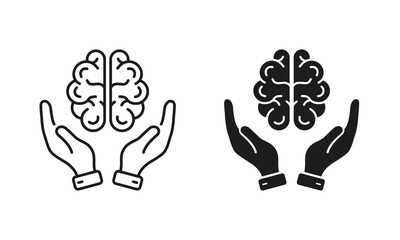 Neurology, Psychology Line and Silhouette Icon Set. Human Brain with Hands Pictogram. Education, Logic Analysis, Memory, Mind Symbol Collection on White Background. Isolated Vector Illustration