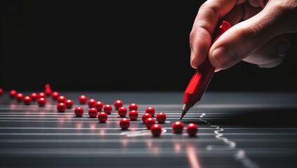 Hand drawing a chart with red balls on a black background. Business concept