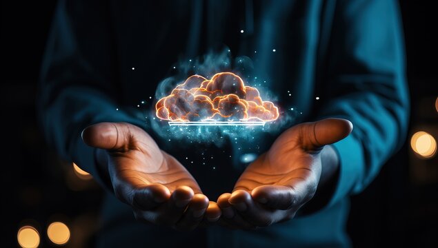 Close up of businessman hands holding cloud computing concept.