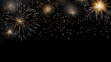 Illustration with golden fireworks on dark black night background, Happy New Year. Concept for holiday celebration, greeting card, poster, banner, flyer