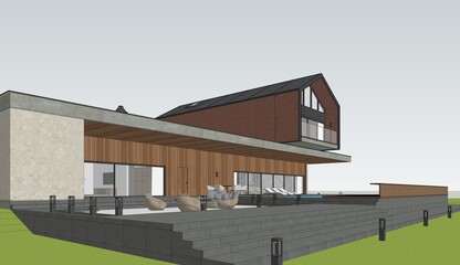 Fototapeta premium Modern House Exterior Scene with furniture - 2D drawing A1 size 3D model