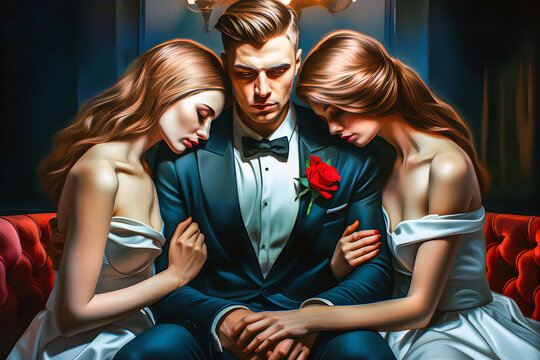 A love triangle between a womans and a man in a sad atmosphere,realistic oil painting
