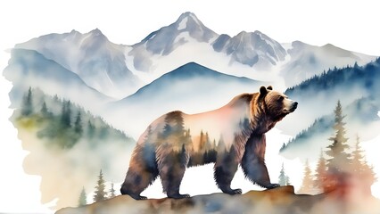 Double exposure of a bear and a mountain, natural scenery. Watercolor. Watercolor postcard of mountains and bear.