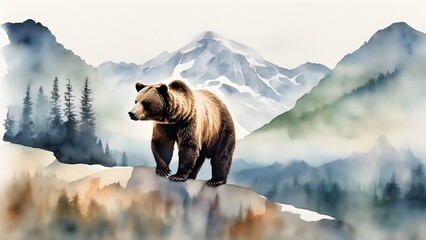 Double exposure of a bear and a mountain, natural scenery. Watercolor. Watercolor postcard of mountains and bear. - obrazy, fototapety, plakaty