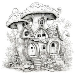 fantasy mushroom house for adults coloring page