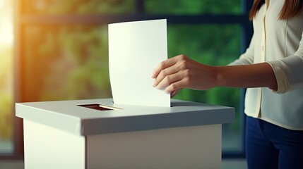 Woman hand putting paper into ballot box, close up view, generative ai