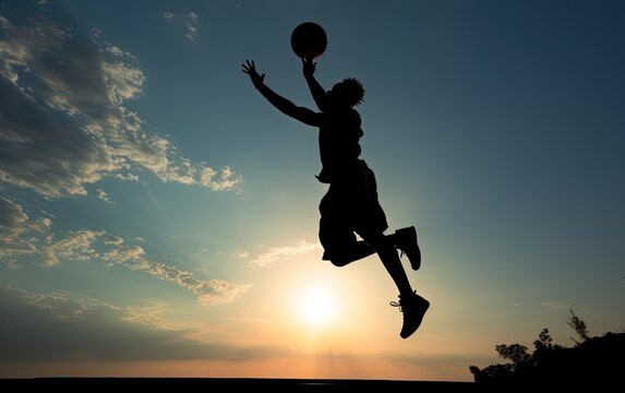 Young man silhouette on sunset jumping playing basketball with ball, generative ai