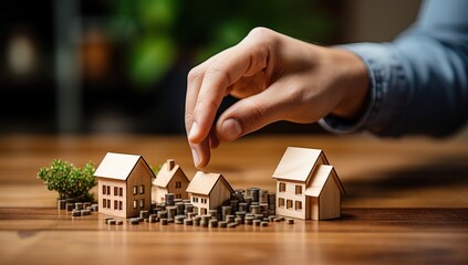Close-up Of Person's Hand and Miniature House On Table