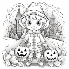 kawaii kids Halloween theme coloring page for kids 