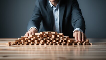 Close up of businessman hand placing wooden blocks on top of wooden table