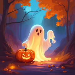 Cute Halloween ghost with pumpkins.