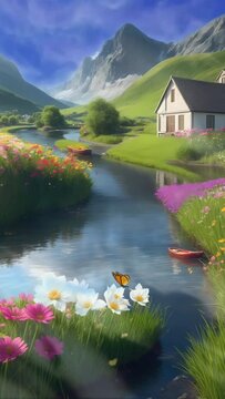 fantasy beautiful summer panorama in the village with mountain and canal, vertical video, seamless looping video animated background	