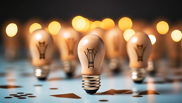 Idea concept with light bulb on wooden background.