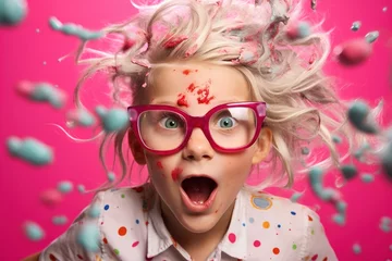 Fotobehang Enchanting portrait of a curly-haired girl with tousled blond locks, donning multicolored strands and glasses, exuberantly captured in a joyful scream on the vibrant pink background. © Evgeniya Uvarova
