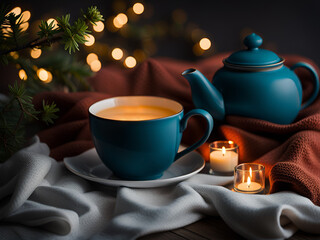 Obraz na płótnie Canvas Cup of tea, teapot and candles. Cozy christmas home scenery.