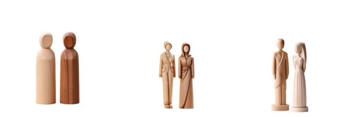 Unknown different race couples with brown skin and a couple with white skin one in focus and one out of focus all made of wood transparent background