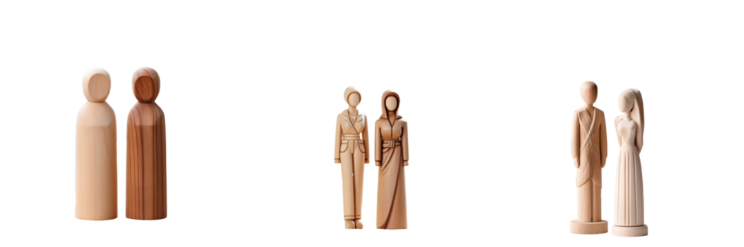 Unknown different race couples with brown skin and a couple with white skin one in focus and one out of focus all made of wood transparent background