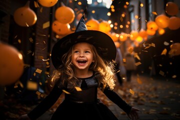 Concept portrait of a little girl exuberantly adorned in a Halloween witch's hat and festive attire, surrounded by swirling confetti.This moment of pure, radiant joy of holiday.