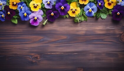 Colorful pansy flowers on wooden background. Top view with copy space