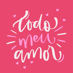 Todo meu amor. All my love in brazilian portuguese. Modern hand Lettering. vector.