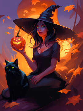 Autumn halloween witch with a black cat. Illustration.
