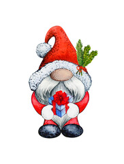 Christmas Gnome. Merry Chrismas Gnome. Gift Gnome. Watercolor Gnome