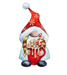 Christmas Gnome. Merry Chrismas Gnome. Gift Gnome. Watercolor Gnome