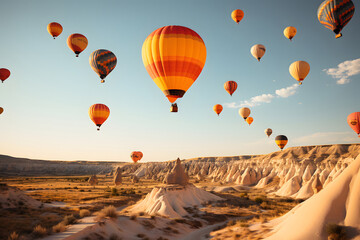  Set of colored balloons flying above the ground in cappadocia turkey