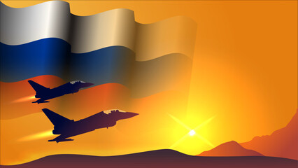 fighter jet plane with russia waving flag background design with sunset view suitable for national russia air forces day event - obrazy, fototapety, plakaty