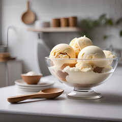 Ice cream in a cup on the kitchen table.