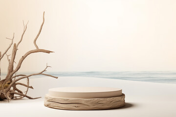 Empty round beige platform podium, stone and dry tree twigs on white beach sand background. Minimal...