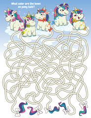 Children logic game to pass maze. What color are the bows on pony tails. Cute ponies sit on clouds. Educational game. Attention task. Choose right path. Funny cartoon character. Worksheet page