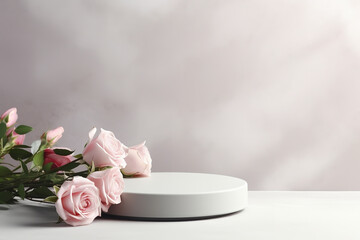 Empty wide white podium and pink roses on light grey background. Minimal cosmetic template. Round showcase for product marketing. Abstract display or stage. Spa and beauty concept. Still life.