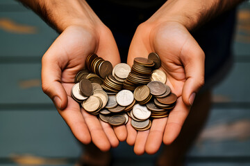 Man holding coins in palm, wooden background, top view,