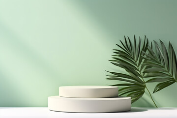 Minimal abstract background with shadow of tropical palm leaves. Presentation of cosmetic product. Premium podium on pastel light green wall and white table. Showcase, display case, Front view. Mockup