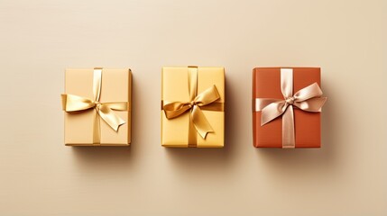 Three gift boxes on isolated light background top view angle, generative ai