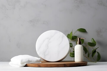 Fototapeta na wymiar Marble white round podium for bathing products in bathroom, spa shampoo, shower gel, liquid soap. Place, background for cosmetics. Front view. 