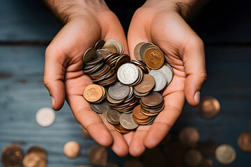 Man holding coins in palm, wooden background, top view,