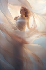 Ethereal Blonde dancer Wrapped in Light White Veil, Captivating Graceful Movement, Generative AI