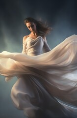 Fototapeta premium Ethereal Blonde dancer Wrapped in Light White Veil, Captivating Graceful Movement, Generative AI