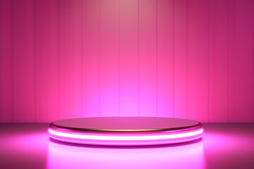 Modern booth pedestal of neon light platform display with luxury stand podium on pink room background. 