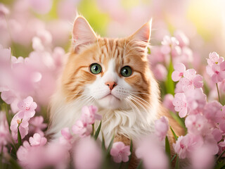 Spring outdoor portrait of a cat with green eyes. Generative AI.