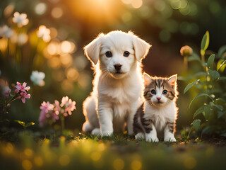 Outdoor portrait of a little puppy and kitten. Cute animals at sunset. Generative AI.