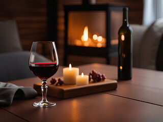 Cozy home scenery. A glass of red wine on a wooden table. A bottle of wine, candles. Romantic mood.  Generative AI.