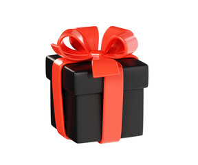 Black gift box with red ribbon and bow 3d render illustration