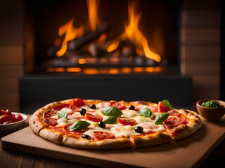 Delicious homemade pizza closeup. Fireplace, wooden table, food. Generative AI.